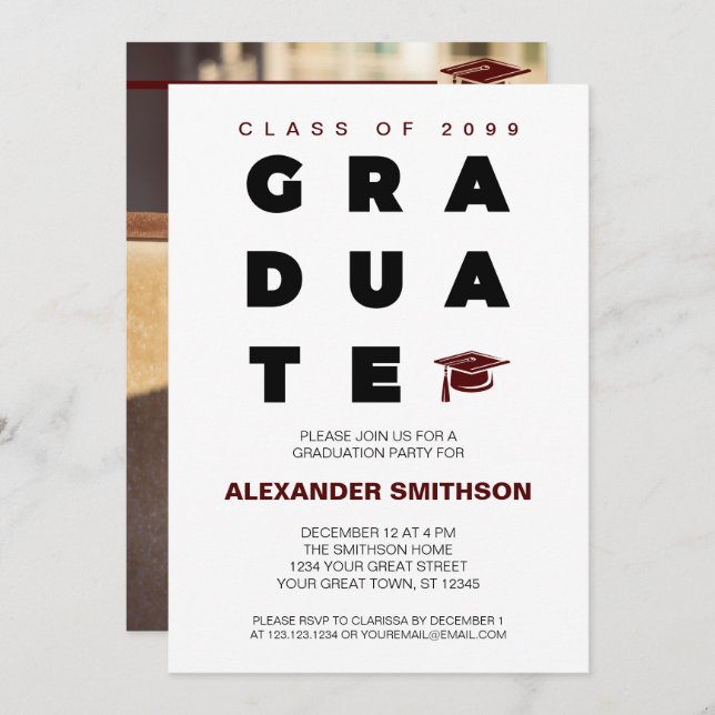 Invitación Letras de GRADUADO marrón y negrita y graduación d (Anverso / Reverso)