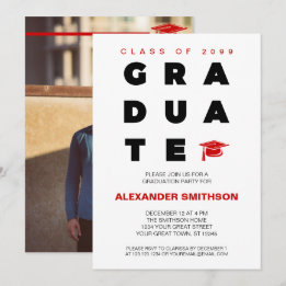 Invitación Letras de GRADUADO rojo negrita y graduación de ma