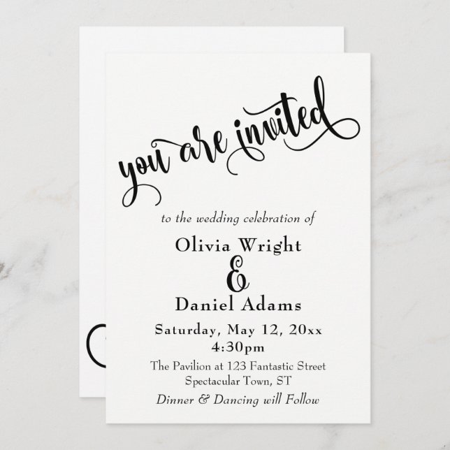 Invitación Letras de guiones de moda Boda blanco y negro (Anverso / Reverso)
