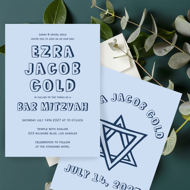 Invitación LETRAS DE LA ESTRELLA DE DAVID Personalizado Bar M (OUTLINE LETTERS STAR OF DAVID Custom Bar Mitzvah Invitation
)