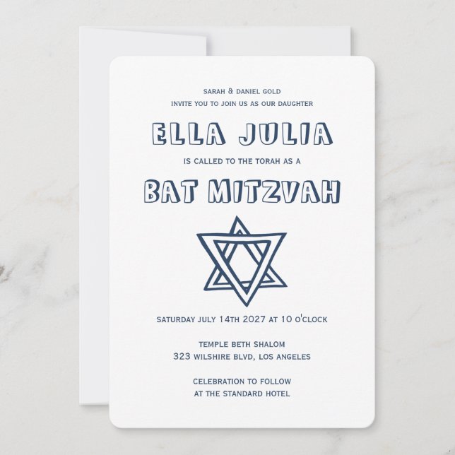 Invitación LETRAS DE LA ESTRELLA DEL Personalizado Bat Mitzva (Anverso)