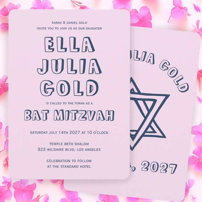 Invitación LETRAS DE LA ESTRELLA DEL Personalizado Bat Mitzva (OUTLINE LETTERS STAR OF DAVID Custom Pink Bat Mitzvah Invitation
)
