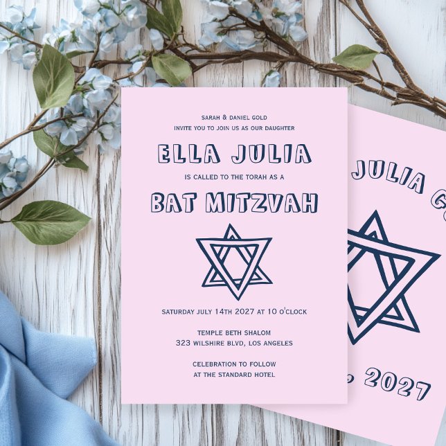 Invitación LETRAS DE LA ESTRELLA DEL Personalizado Bat Mitzva (OUTLINE LETTERS STAR OF DAVID Custom Bat Mitzvah Invitation
)
