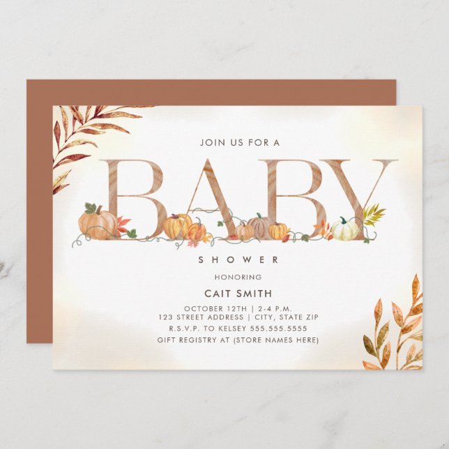 Invitación Letras de parche de calabaza caída Baby Shower oto (Anverso / Reverso)