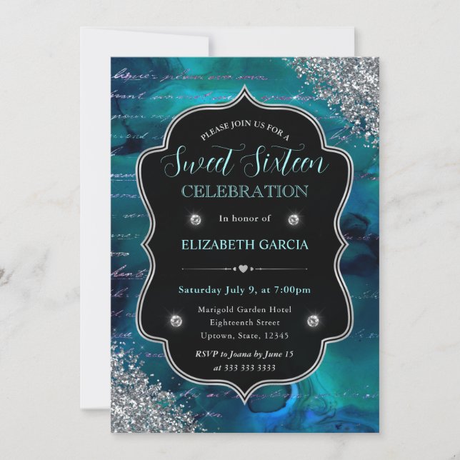 Invitación Letras de Sirena con Brillo Teal Profundo Cumpleañ (Anverso)