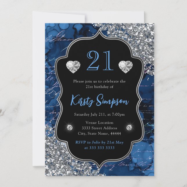 Invitación Letras de Sirena Iridescente Azul Cumpleaños 21  (Anverso)