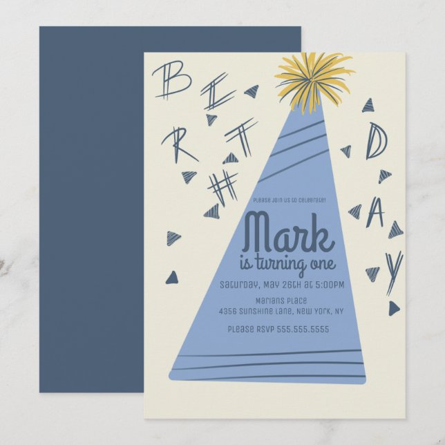 Invitación Letras de Sombrero de Fiesta de Cumpleaños de Niño (Anverso / Reverso)