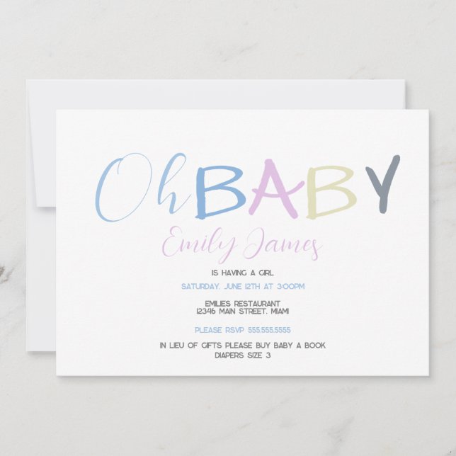 Invitación Letras Divertidas para Bebé Fuente Dibujada a Mano (Anverso)