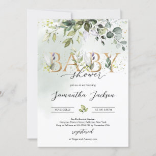 Invitación Letras doradas de eucalipto de verde boho ducha de