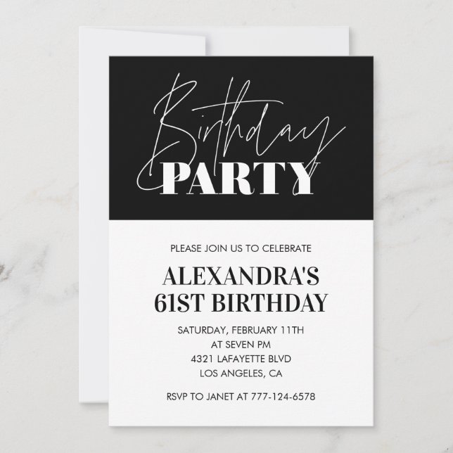 Invitación Letras Elegantes Chic Negro Blanco 61 cumpleaños (Anverso)