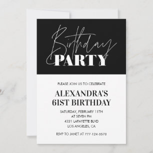 Invitación Letras Elegantes Chic Negro Blanco 61 cumpleaños