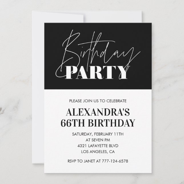 Invitación Letras Elegantes Chic Negro Blanco 66 cumpleaños (Anverso)