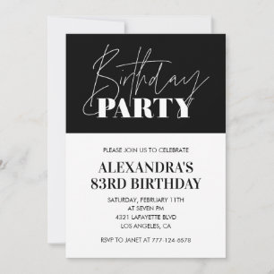 Invitación Letras Elegantes Chic Negro Blanco 83 cumpleaños