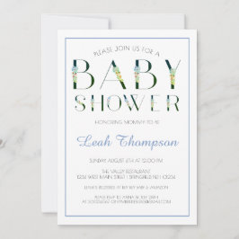 Invitación Letras florales azul audaces Baby Boy Shower