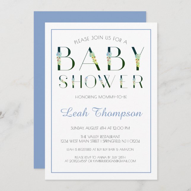 Invitación Letras florales azul audaces Baby Boy Shower (Anverso / Reverso)