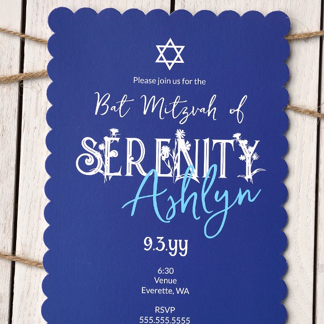 Invitación Letras florales, Blue Wild Flower Bat Mitzvah (Unique blue bat mitzvah invitation with vintage botanical lettering, letters with wild flowers)
