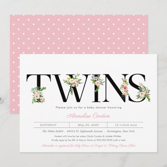 Invitación Letras florales Pastel Chica gemelo rosa Baby Show (Anverso / Reverso)