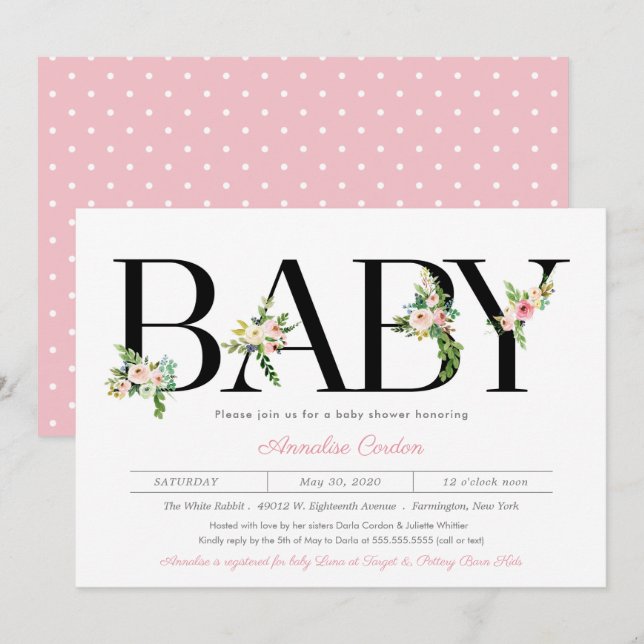 Invitación Letras florales Pastel Chica rosa Baby Shower (Anverso / Reverso)