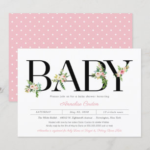 Invitación Letras florales Pastel Chica rosa Baby Shower