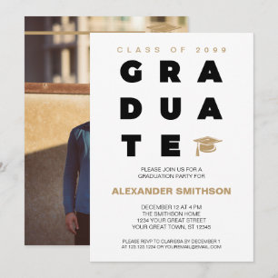Invitación Letras GRADUATE doradas en negrita y gorra de grad