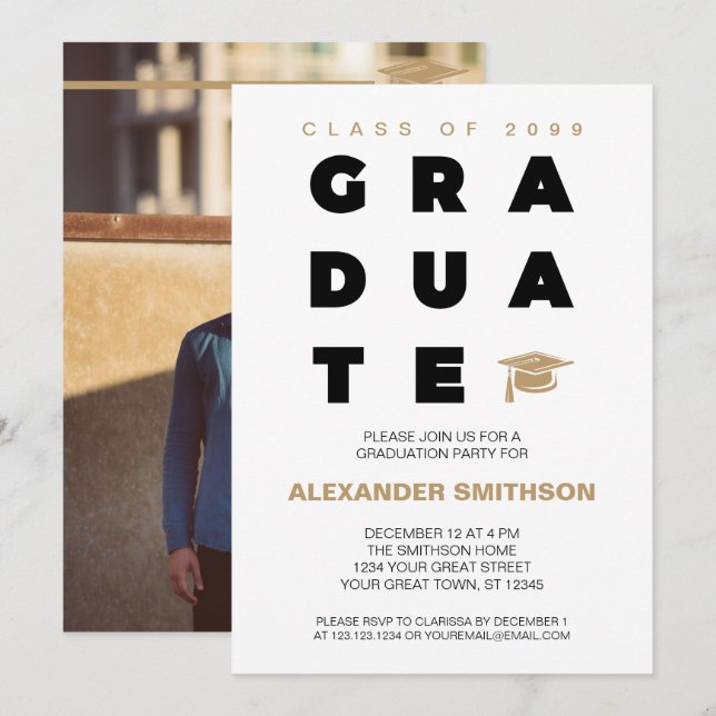 Invitación Letras GRADUATE doradas en negrita y gorra de grad (Anverso / Reverso)