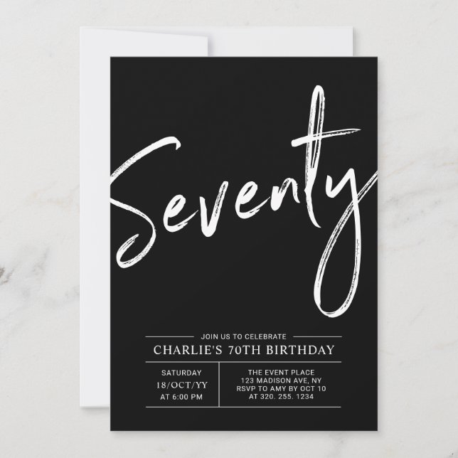 Invitación Letras Negras Cumpleaños Setenta Moderno Partido d (Anverso)