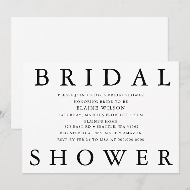 Invitación Letras negrita simples ducha de novia moderna (Anverso / Reverso)