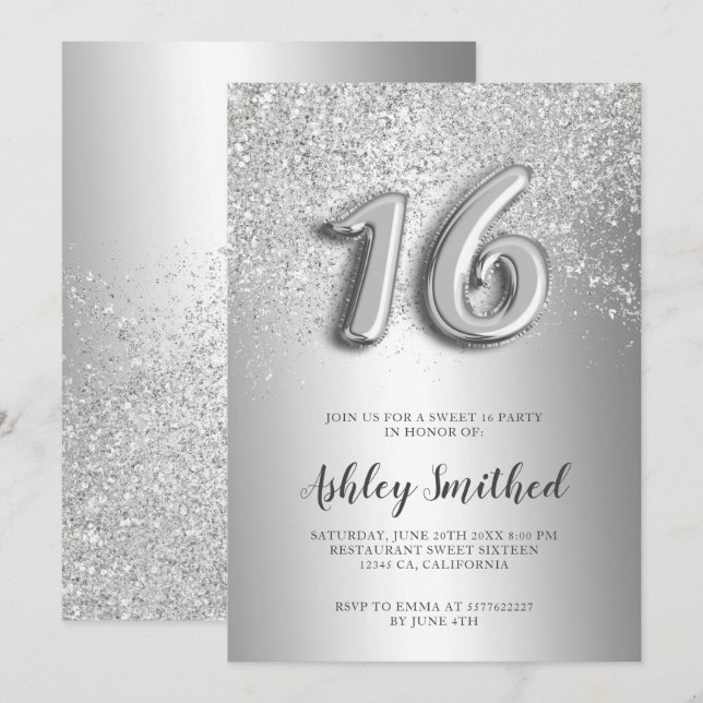 Invitación Letras purpurina plateadas moda metálica dulce 16 (Anverso / Reverso)