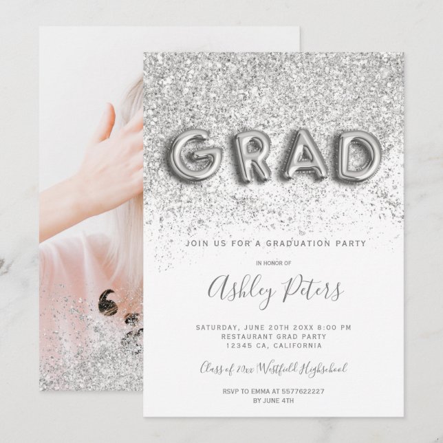 Invitación Letras purpurinas plateadas graduación de foto ros (Anverso / Reverso)