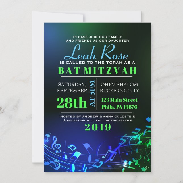 Invitación Letras y notas hebreas brillantes para los bat Mit (Anverso)