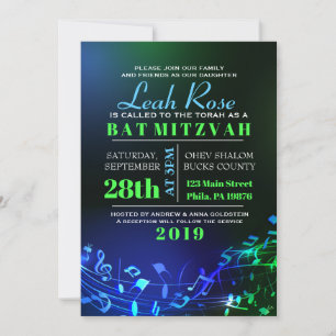 Invitación Letras y notas hebreas brillantes para los bat Mit