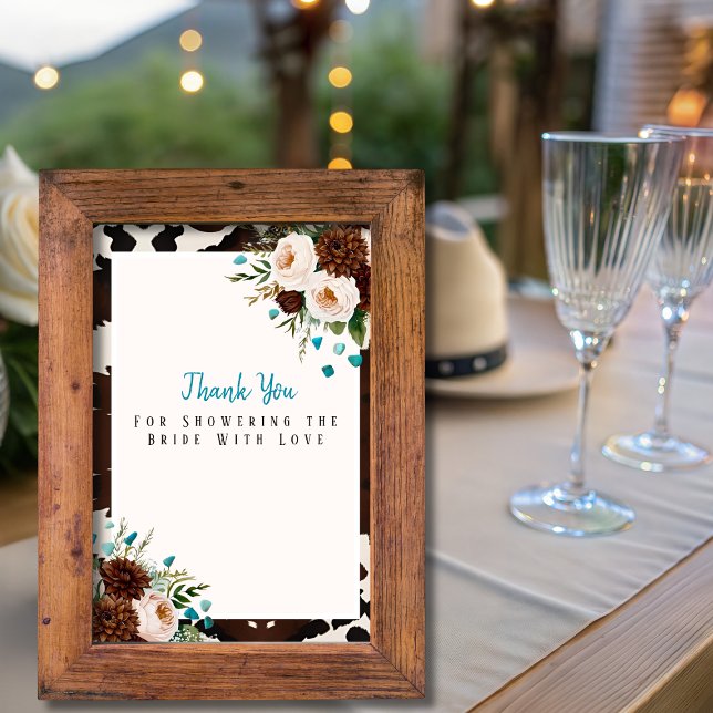 Invitación Letrero de agradecimiento turquesa de flores silve (Western Boho Wildflowers Turquoise Thank You Sign)