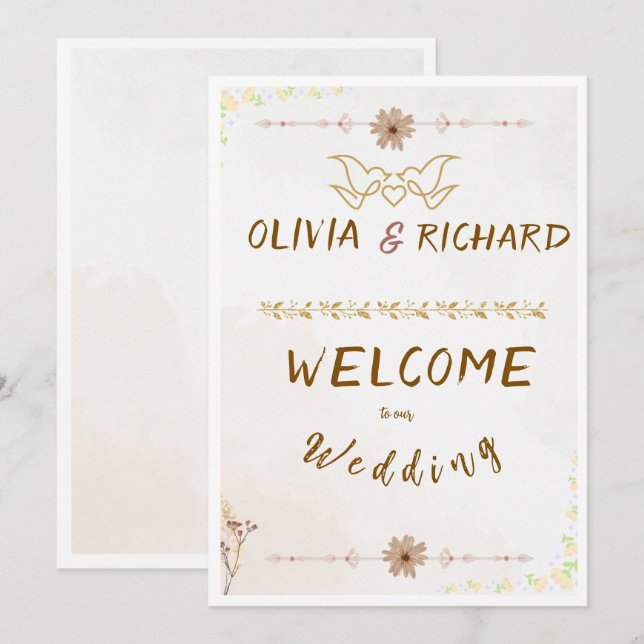 Invitación Letrero de bienvenida de boda con flores personali (Anverso / Reverso)
