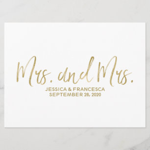 Invitación Letrero de boda lésbica dorada "Sra. y Sra."