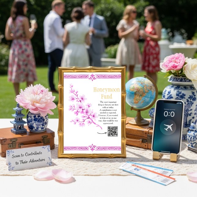Invitación Letrero de código QR para fondo de luna de miel fl (Pink floral Elegant Honeymoon Fund QR code sign)