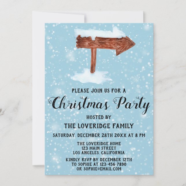 Invitación Letrero de Madera y Fiesta de Navidad con Nieve Bl (Anverso)