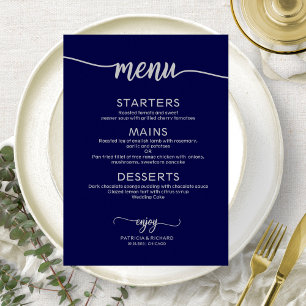 Invitación Letrero de menú de boda caligrafía azul marino pla