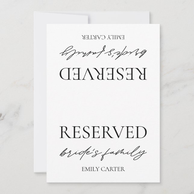 Invitación Letrero de Mesa Reservada para Boda Blanca Moderna (Anverso)