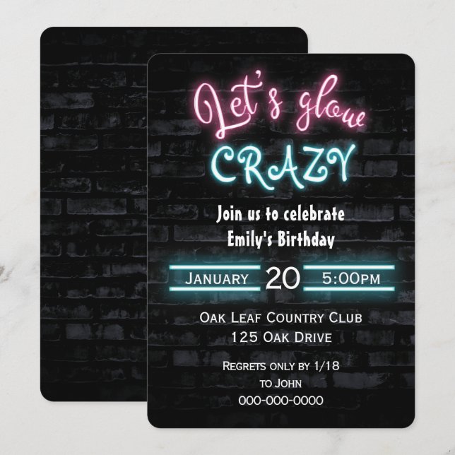 Invitación Letrero de neón de fiesta de cumpleaños en pared d (Anverso / Reverso)