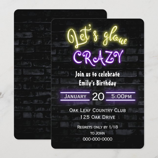 Invitación Letrero de neón de fiesta de cumpleaños en pared d (Anverso / Reverso)