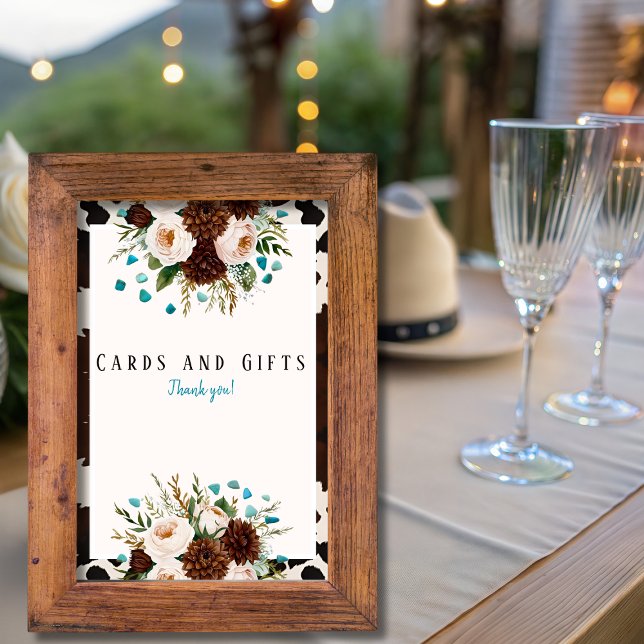 Invitación Letrero de "Tarjetas y Regalos" Turquesa de Flor S (Western Wildflower Turquoise "Cards & Gifts" Sign)