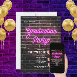 Invitación Letrero neón rosa de fiesta de graduación