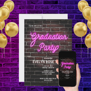 Invitación Letrero neón rosa de fiesta de graduación
