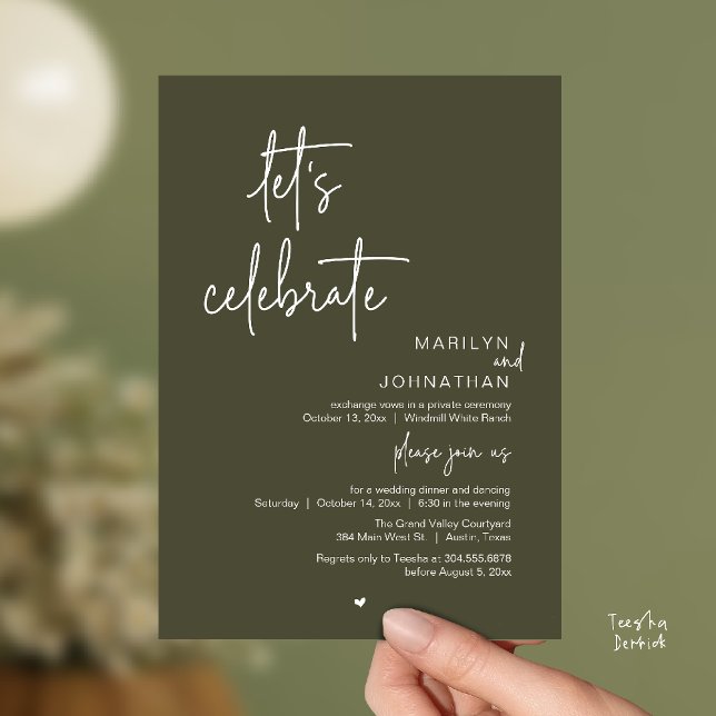 Invitación Let's Celebrate, Minimal Modern Wedding Reception (Let's Celebrate, Modern Minimal Wedding Reception dinner dancing Invitation card olive green)