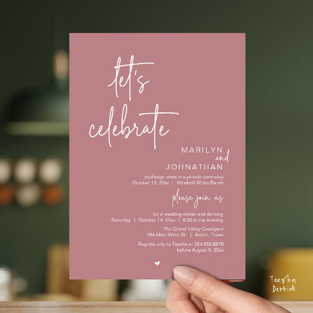 Invitación Let's Celebrate, Minimal Modern Wedding Reception (Let's Celebrate, Modern Minimal Wedding Reception dinner dancing Invitation card dusty rose pink)
