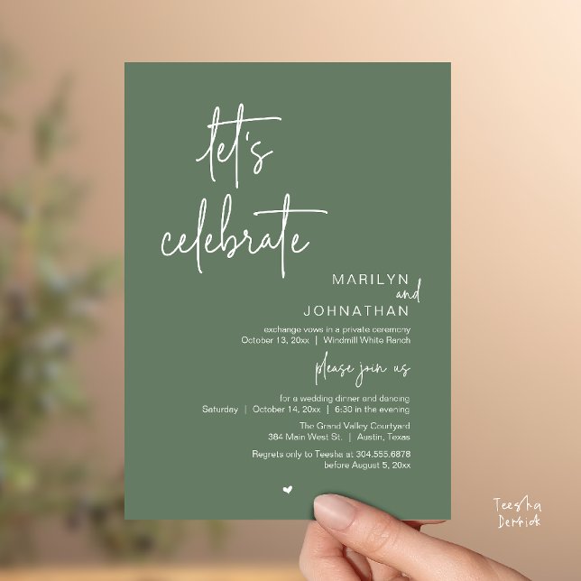 Invitación Let's Celebrate, Minimal Modern Wedding Reception (Let's Celebrate, Modern Minimal Wedding Reception dinner dancing Invitation card sage green)