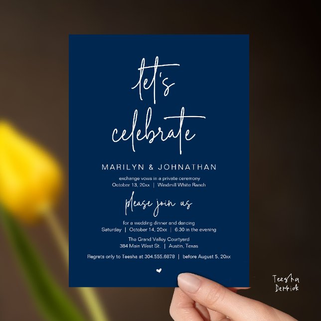 Invitación Let's Celebrate, Modern Minimal Wedding Reception (Let's Celebrate, Modern Minimal Wedding Reception dinner dancing Invitation card navy blue)