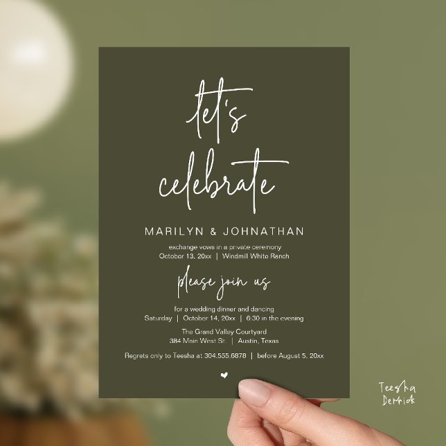 Invitación Let's Celebrate, Modern Minimal Wedding Reception (Let's Celebrate, Modern Minimal Wedding Reception dinner dancing Invitation card olive green)