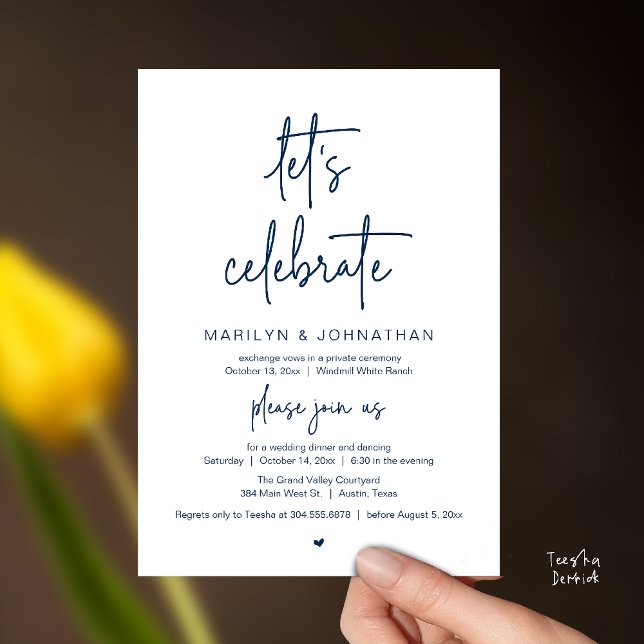 Invitación Let's Celebrate, Modern Minimal Wedding Reception (Let's Celebrate, Modern Minimal Wedding Reception dinner dancing Invitation card navy blue)