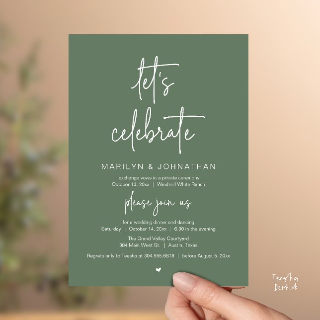 Invitación Let's Celebrate, Modern Minimal Wedding Reception (Let's Celebrate, Modern Minimal Wedding Reception dinner dancing Invitation card sage green)